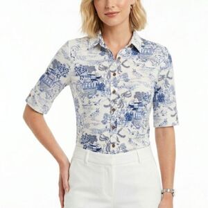J. McLaughlin Cornelia Blue White Toile Blue Willow SS Button Up Shirt Size M